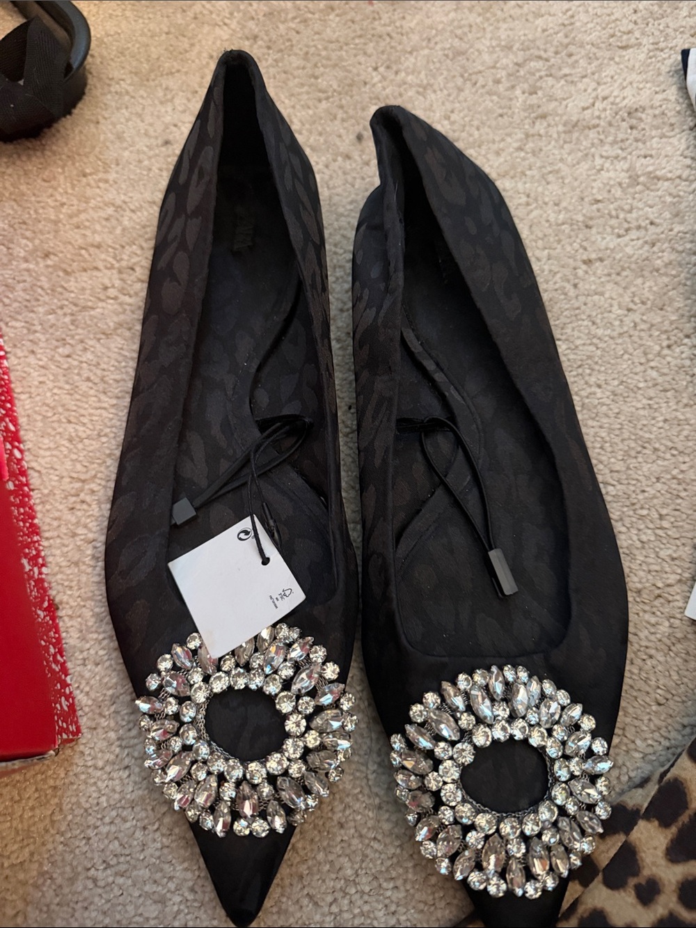 Zara Embellished Black Pointed Toe Flats